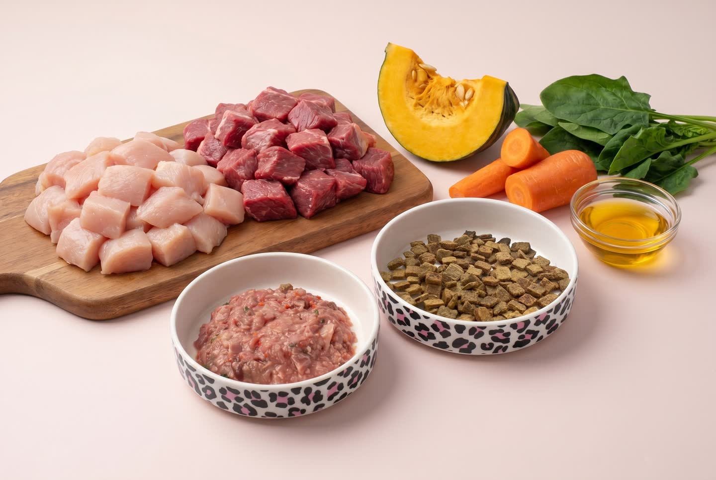 Сырое мясо, тыква, шпинат, масло, миска с сырым рационом и миска с сухим кормом