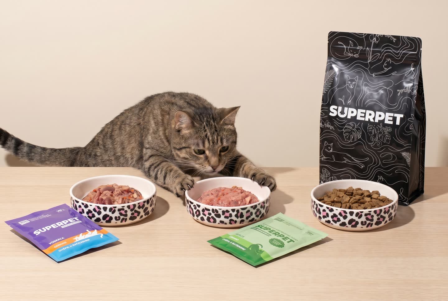 Кошка обнюхивает три миски с кормом разного вида рядом с упаковками SUPERPET